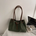 Large dark green suede tote bag with brown leather straps for commuting - Green