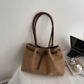 Vintage brown suede tote bag with leather buckle strap and large capacity design - Khaki
