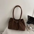 Dark brown matte suede tote bag with long double handles and silver buckle detail - Coffee
