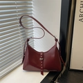 Vintage wine red hobo bag in glossy leather with rivet decor and adjustable strap - Red