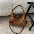 Brown suede biker tote bag with silver eyelets and a red pompom charm detail - Without Pendant / Brown