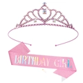 Pink birthday girl sash with glitter text and rhinestone heart tiara accessory set - Heart Pink Crown Sash And Safety Pin