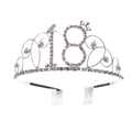 Dettaglio di un diadema d'argento per compleanno con strass e corona rosa numero 18 - 18 Anni Argento