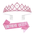 Sparkling pink rhinestone birthday queen tiara and glitter sash set for party supplies - Pink Birthday Queen Set