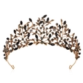 Baroque bridal crown with black crystals and vintage gold branch design on white background - Black