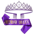 Purple birthday party set with rhinestone crown and Birthday Queen gold foil sash - Sash Tiara Set / Birthday Queen Set