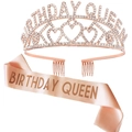 Rose gold Birthday Queen crown and satin sash set with rhinestones for girls - One Size / Rose Gold Birthday Queen Tiara & Rose Gold Sash