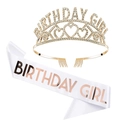 Set Birthday Queen con diadema di strass dorati e fascia Birthday Girl in raso - Taglia unica / Tiara Oro Birthday Girl & Fascia Bianca