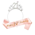 Detail of silver rhinestone crown with number 21 and pink Happy 21st Birthday sash - 21st Birthday Tiara And Sash