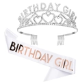 Detailed view of Birthday Girl rhinestone crown and white satin sash set with rose gold text - One Size / Silver Birthday Girl Tiara & White Sash