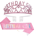 Birthday Girl silver tiara with pink rhinestones and glitter sash party favor set - All Pink Set