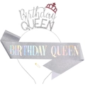 Detail of silver BIRTHDAY QUEEN tiara with pink crown and glitter sash with safety pin - Silver Crown + Silver Rainbow Sash / Silver