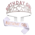 Birthday Queen set featuring a silver rhinestone tiara and white satin sash with rose gold text - One Size / Silver & Pink Birthday Girl Tiara Sash Set (G66T-5)