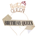 Close-up of Birthday Queen rose gold rhinestone tiara and glitter sash party accessories set - Gold Crown And Gold Black Letter Sash / Gold
