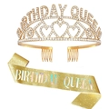 Ensemble diadème Birthday Queen doré et écharpe scintillante avec strass pour anniversaire - Ensemble 20 / Couronne Dorée Et Écharpe Dorée Irisée