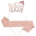 Detail of rose gold birthday queen crown headband with pink glitter sash and safety pin - Rose Gold Crown And Rose Gold Letter Sash / Rose Gold