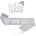 Tiara Birthday Queen oro rosa y banda de purpurina con diamantes de imitación brillantes - Corona Plateada + Banda Plateada Arcoiris / Plateado
