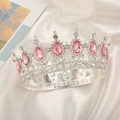 Detail of luxury silver bridal crown with pink water-drop crystals and clear rhinestones - Silver Pink