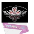 Silver crown with pink heart stones and purple Birthday Girl sash set for kids - Pink Teardrop Stone Crown And Sash