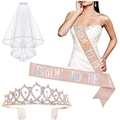 Detailed set of white bridal veil, rose gold Bride To Be sash, and rhinestone crown - Rose Gold Iridescent Set (Set 6)