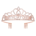 Λεπτομέρεια ροζ χρυσού στέμματος Birthday Queen με στρας και πλαϊνά χτενάκια μαλλιών - Στυλ Βασίλισσα (BIRTHDAY QUEEN) / Βασίλισσα - Ροζ Χρυσό