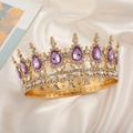 Close-up of golden bridal crown with purple teardrop crystals on white silk - Gold Base-Light Purple