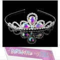 Birthday party set with sparkling rhinestone crown headband and purple Birthday Girl sash - Aurora Stone Crown And Purple Sash