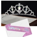 Girl birthday set featuring a sparkling silver tiara with heart gems and purple satin sash - Three Heart Stone Crown And Purple Sash