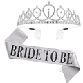 Close-up of sparkling silver rhinestone tiara and glittery Bride To Be sash set - Silver Jewelry Set
