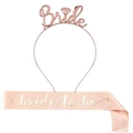 Detail of rose gold Bride headband and pink satin bride to be sash party decoration set - Rose Gold Set 4
