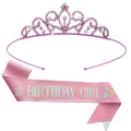 Pink rhinestone birthday tiara and shimmering pink Birthday Girl sash party set - Pink Iridescent Stone Crown And Sash