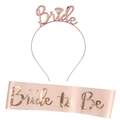 Detail of rose gold Bride headband and champagne Bride to Be sash for bridal parties - Rose Gold Tiara And Sash Variant