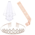 Bridal shower set including rose gold tiara, pink satin sash, and white layered veil - Pink Satin Set (Set 7)