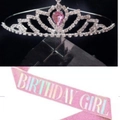 Pink rhinestone princess crown with Birthday Girl sash set for girls birthday celebration - Pear Shape Pink Stone Crown And Sash