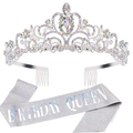 Set fascia Birthday Queen argento e tiara di cristallo per festa di compleanno - Corona Strass AB + Fascia Queen Argento
