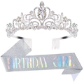 Set compleanno argento con tiara di strass e fascia scintillante per ragazze - Corona Strass AB + Fascia Girl Argento