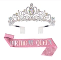 Set fascia Birthday Queen rosa glitter e corona di strass argento per feste di compleanno - Corona Strass AB + Fascia Queen Rosa Olografica
