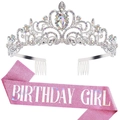 Set fascia rosa glitterata Birthday Girl e corona in argento con strass - Corona Strass AB + Fascia Girl Rosa Olografica