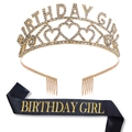Set corona e fascia nera Birthday Girl con scritte glitterate dorate per compleanni - Taglia unica / Combinazione Festa Oro (Set 8)