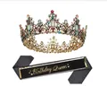 Vintage Luxus Kristallkrone mit schwarzer Birthday Queen Schärpe Set für Partys - Vintage Mehrfarbige Krone und Schwarze Schärpe Set