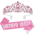 Ensemble d'anniversaire rose avec diadème en strass et écharpe à paillettes - Couronne en strass rose + Écharpe Queen rose (Set 1)