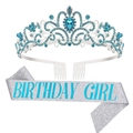 Ensemble tiare et écharpe d'anniversaire argentées avec strass bleu ciel et texte - Couronne Argentée avec Strass Bleus & Écharpe "Girl" Argentée (Set 3)