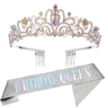 Ensemble écharpe argentée Birthday Queen et couronne étincelante en strass chic - Couronne en Strass Irisé + Écharpe Queen Argentée (Lot 5)