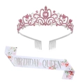Close-up of birthday queen sash with floral print and pink rhinestone crown tiara set - Pink Tiara And Silver QUEEN Sash
