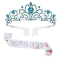 Birthday Queen set with blue rhinestone crown and floral satin sash for party decoration - Blue Rhinestone Tiara And Silver Letter Sash