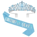 Écharpe Birthday Queen bleu ciel à paillettes et couronne argentée à perles bleues - Couronne de perles artificielles bleu clair et écharpe Queen bleu ciel (Lot 8)