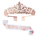 Close-up of Birthday Queen sash with floral print and sparkling rhinestone tiara set - AB Rhinestone Rose Gold Tiara And Sash