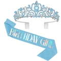 Set couronne et écharpe d'anniversaire avec perles bleu clair et diadème argent - Couronne de perles artificielles bleu clair + Écharpe "Girl" bleu clair (Lot 11)