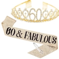 60. Geburtstag Set mit Roségold Schärpe, Strass Krone und Perlen Sicherheitsnadel - 60. Geburtstag Set / Gold
