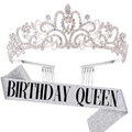 Ensemble écharpe Birthday Queen argentée et diadème couronne en strass pour femme - Couronne en Strass Argenté + Écharpe Queen Argentée (Ensemble 16)